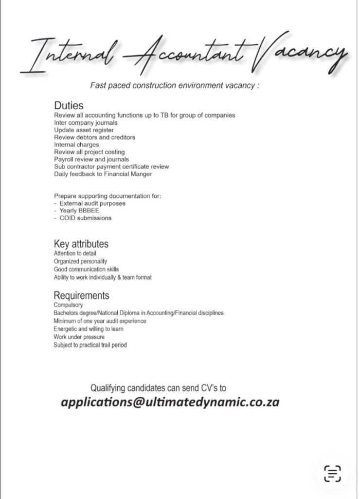 Internal Accountant - Klerksdorp vacancy