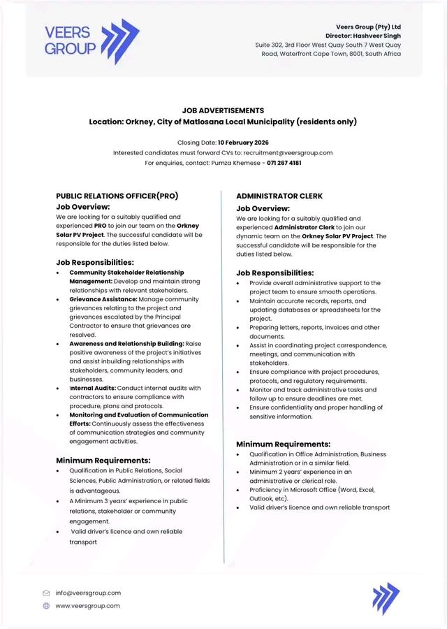 Administrative officer vacancy orkney klerksdorp