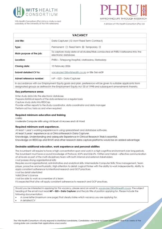 Data Capturer - Klerksdorp vacancy