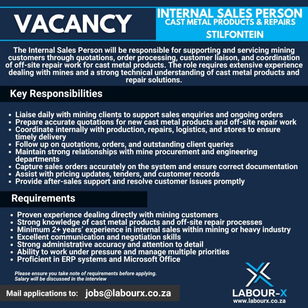 Internal Sales Person - Stilfontein vacancy