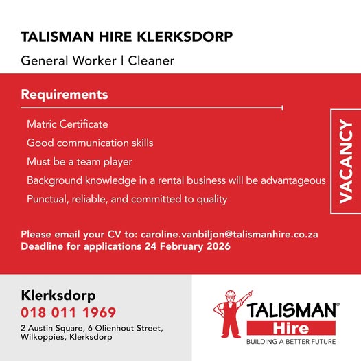 General Worker / Cleaner - Klerksdorp vacancy