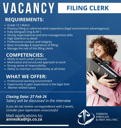Filing Clerk - Klerksdorp vacancy