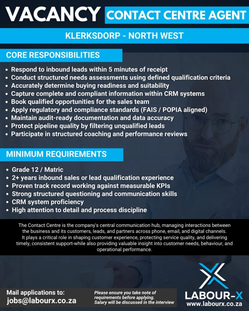 contact centre agent klerksdorp vacancy