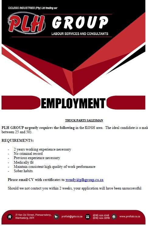 Truck Parts Salesman - Klerksdorp vacancy