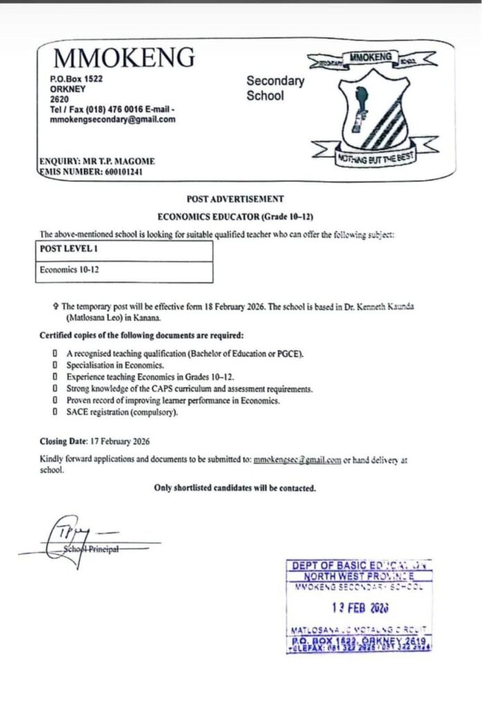 Economics Educator (Grades 10–12) - Orkney klerksdorp vacancy