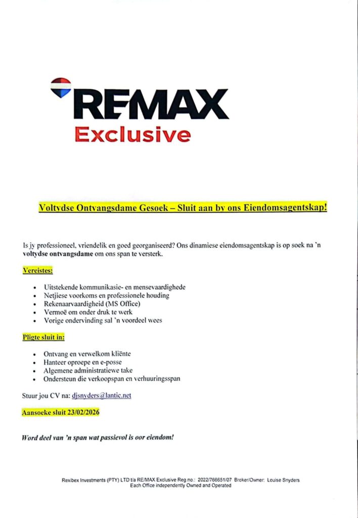 Receptionist - Klerksdorp vacancy