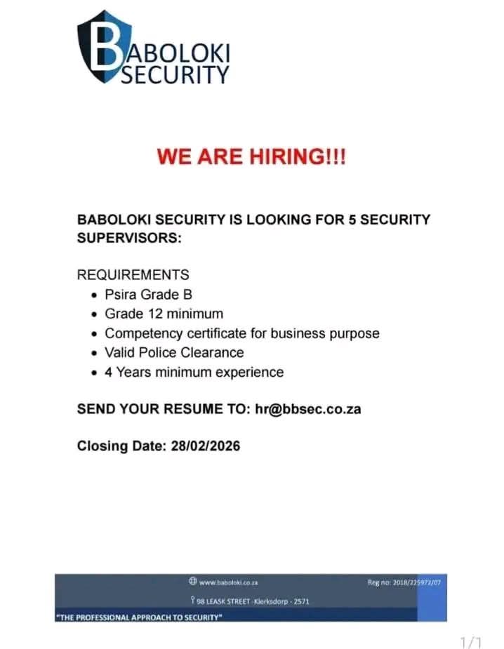 Security Supervisor - Klerksdorp vacancy