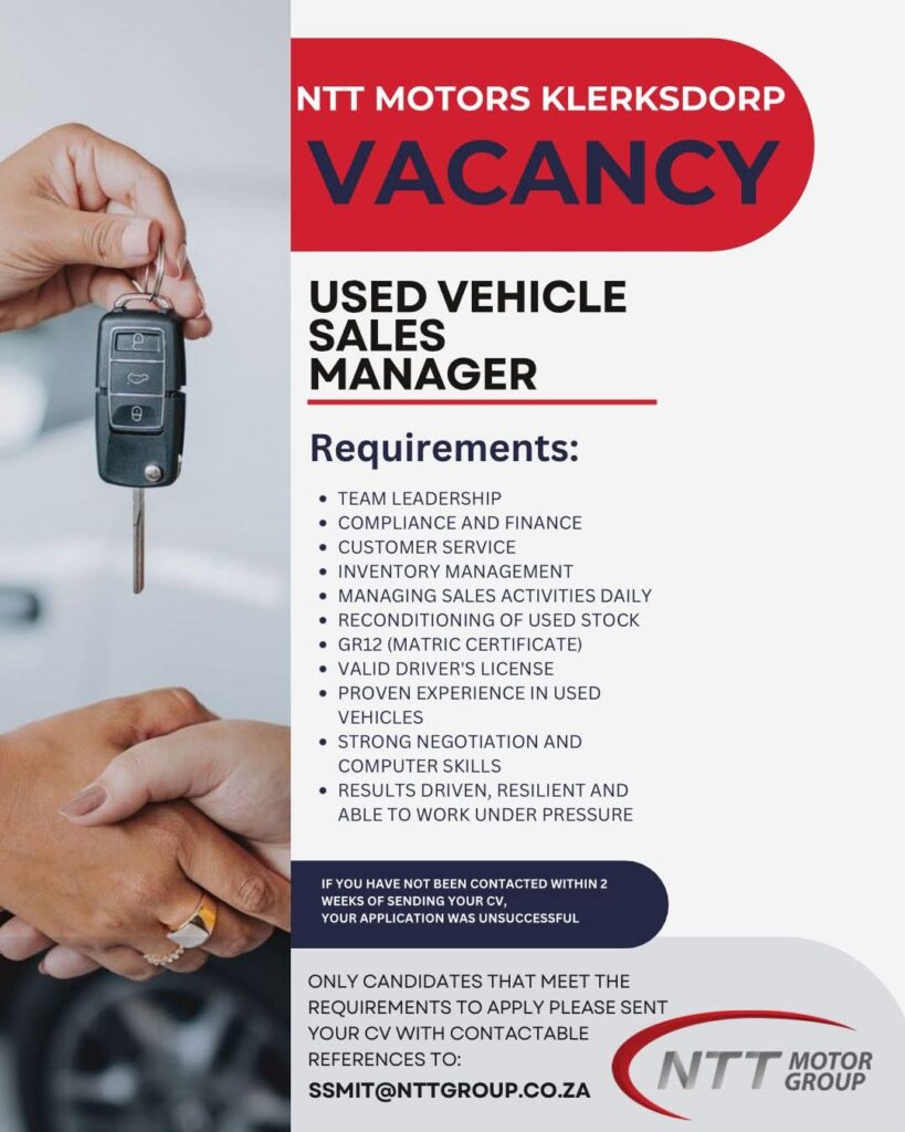 Used Vehicle Sales Manager - Klerksdorp vacancy