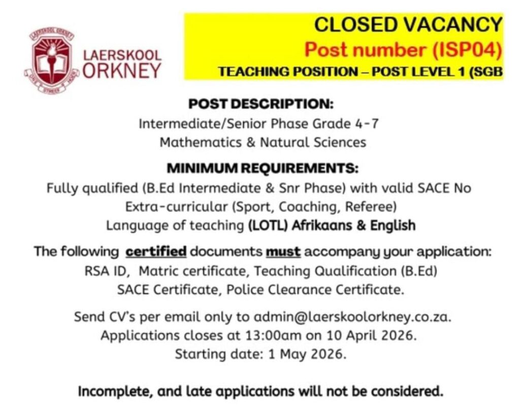 Teacher (Intermediate/Senior Phase - Mathematics & Science) - Orkney vacancy