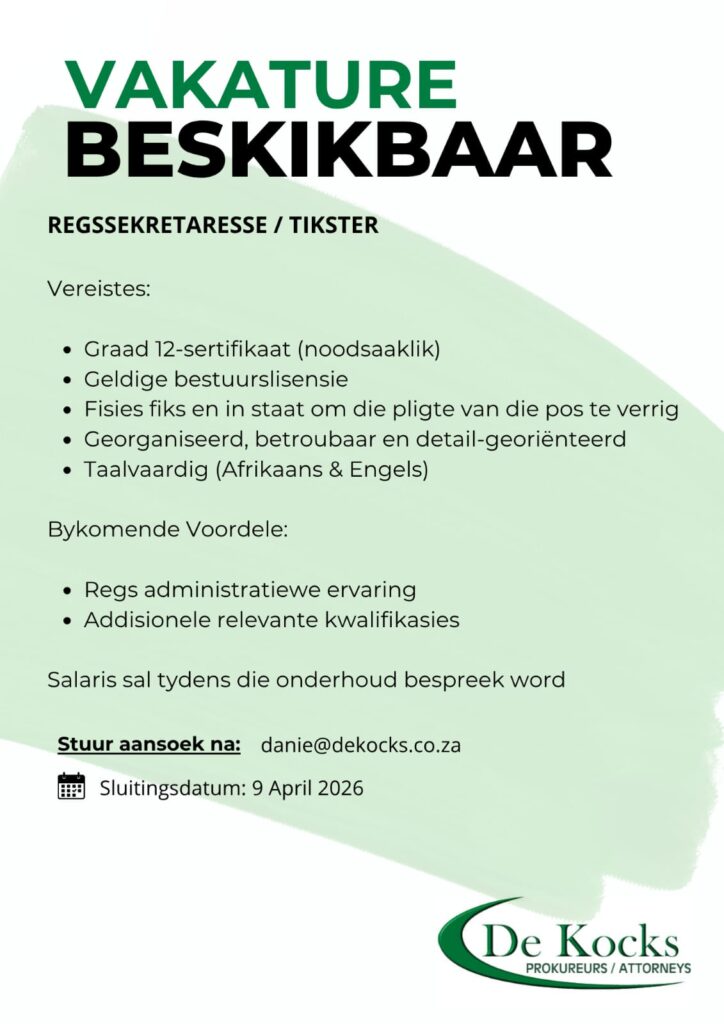 Legal Secretary Typist Klerksdorp vacancy