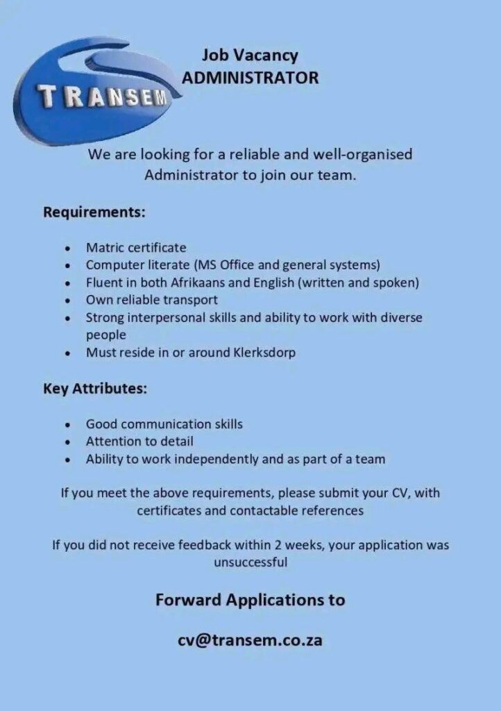 Administrator - Klerksdorp vacancy