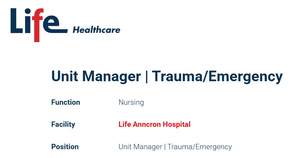 Unit Manager Trauma/Emergency vacancy klerksdorp