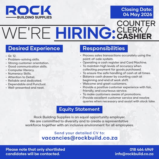 Counter Sales cashier vacancy klerksdorp
