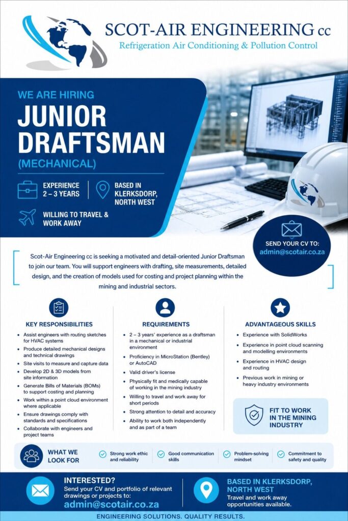 Junior Draftsman (Mechanical) - Klerksdorp vacancy