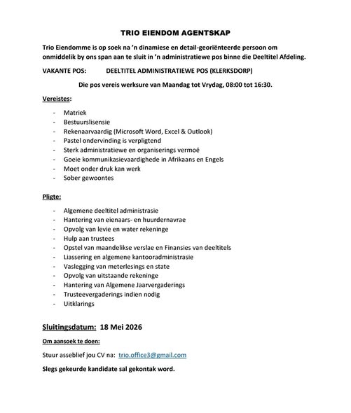 Administrative Assistant - Klerksdorp vacancy