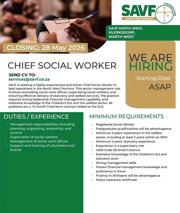 Chief Social Worker - Klerksdorp vacancy