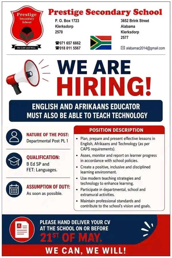 English and Afrikaans Educator - Klerksdorp vacancy