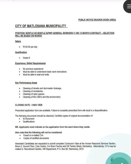 EPWP General Workers vacancy klerksdorp