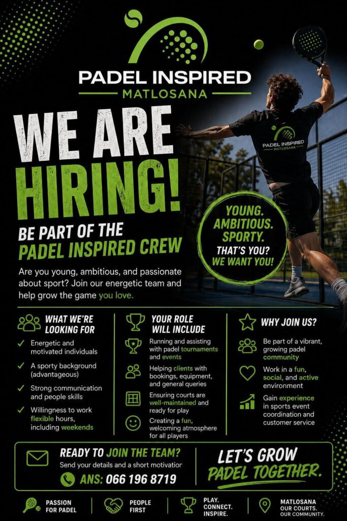 Padel Staff / General Assistants - Klerksdorp vacancy