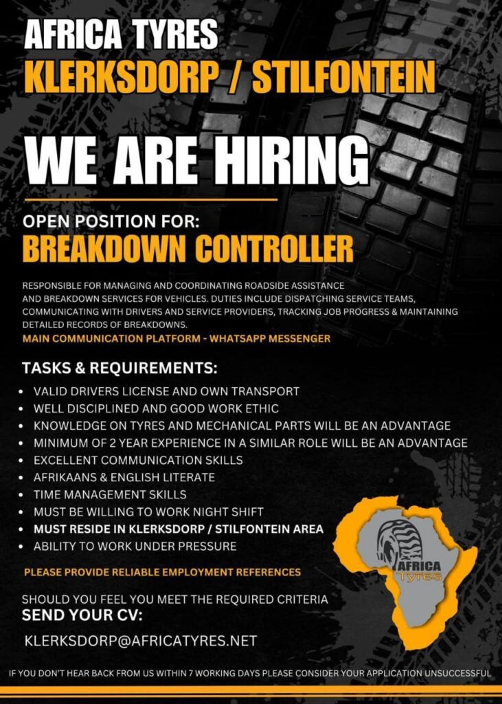 Breakdown Controller vacancy klerksdorp