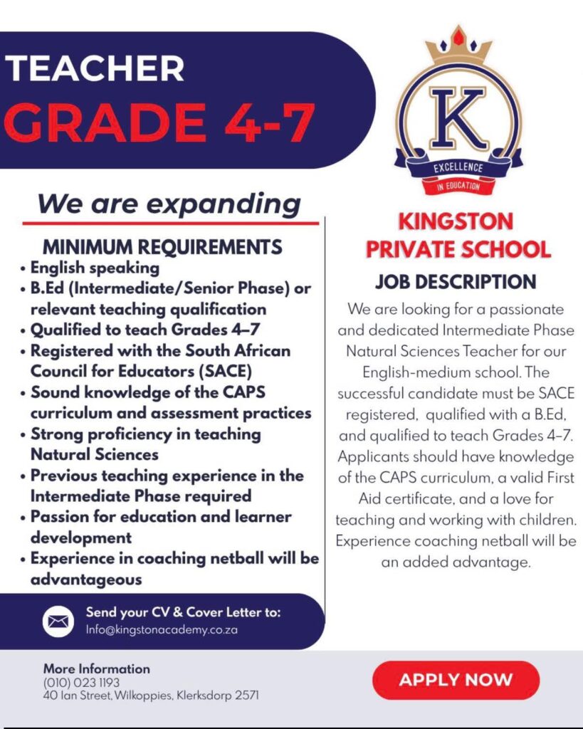 Teacher (Grade 4–7) - Klerksdorp vacancy