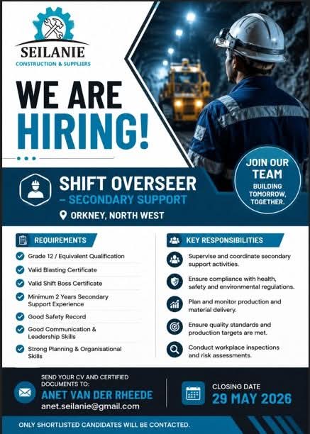 Shift Overseer klerksdorp vacancy
