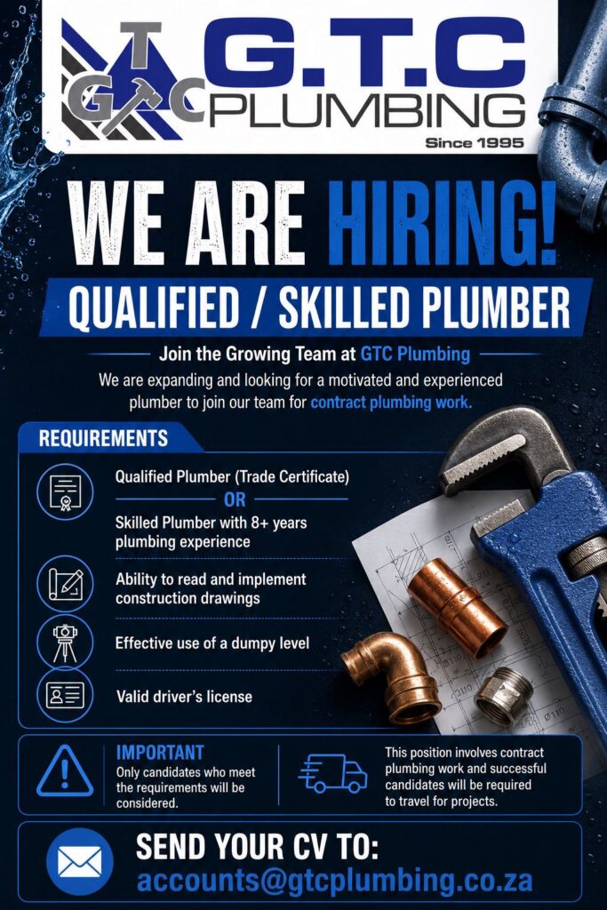 Qualified / Skilled Plumber - Klerksdorp vacancy