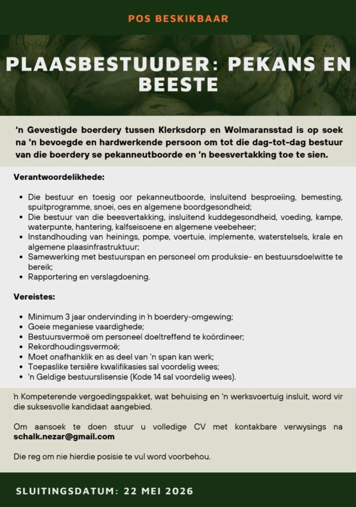 Farm Manager klerksdorp vacancy