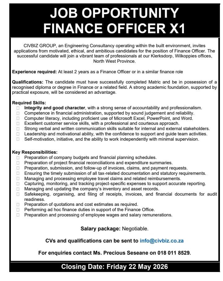 Finance Officer - Klerksdorp vacancy