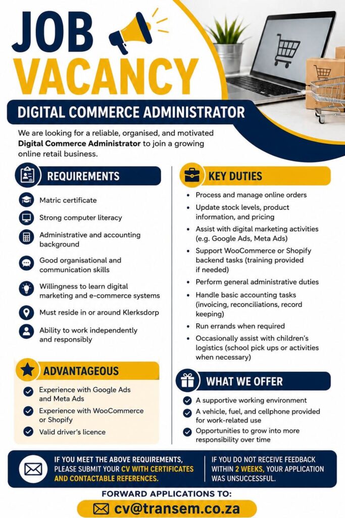 Digital Commerce Administrator - Klerksdorp vacancy