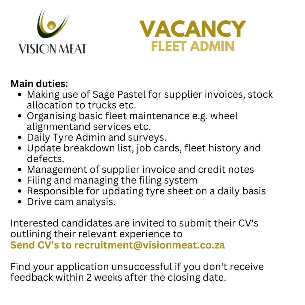 Fleet Administrator - Klerksdorp vacancy