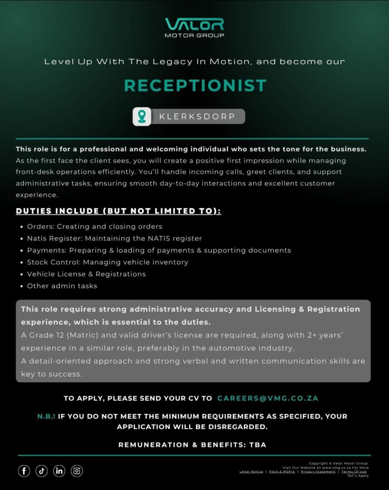 receptionist vacancy klerksdorp