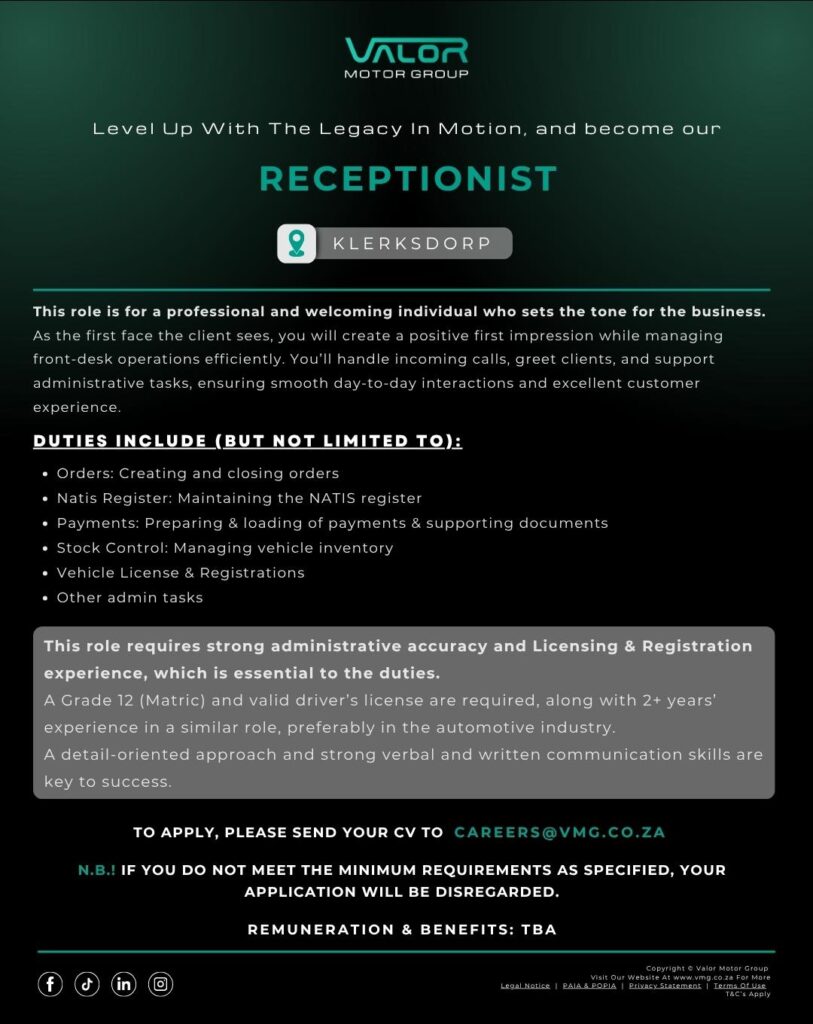 receptionist vacancy klerksdorp