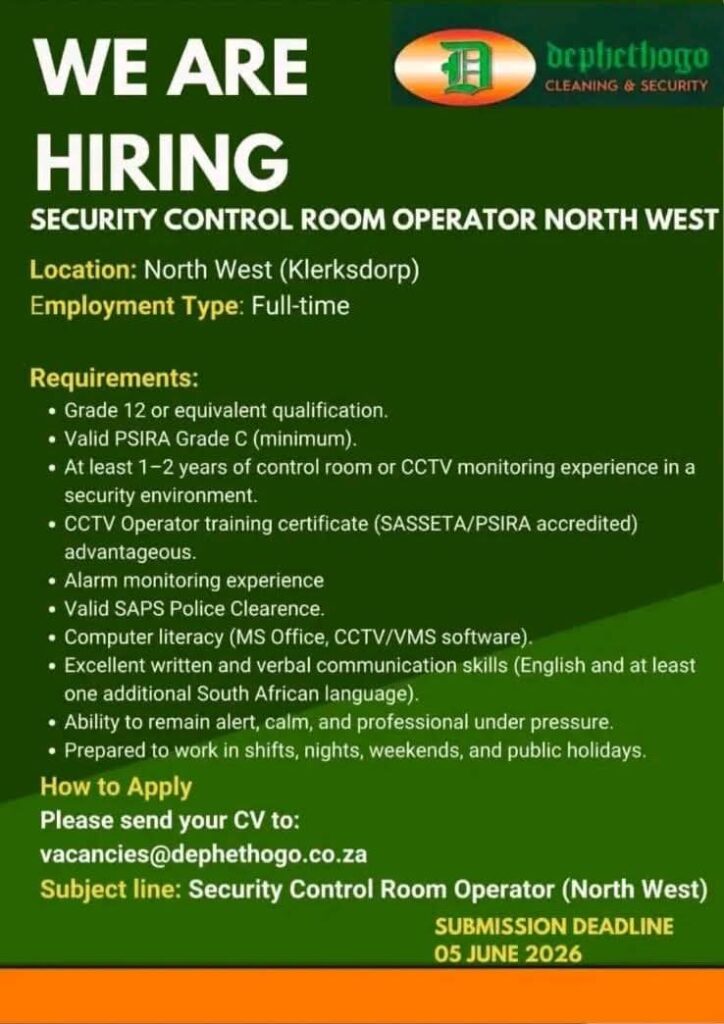 security control room operator - klerksdorp vacancy